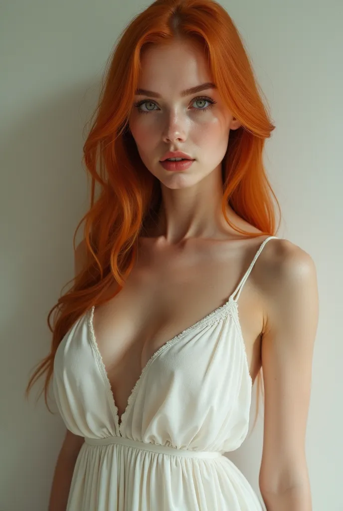 Skinny woman with big boobs and long hair, she has ginger hair and light green eyes, Her hair is straight and she wears a white dress