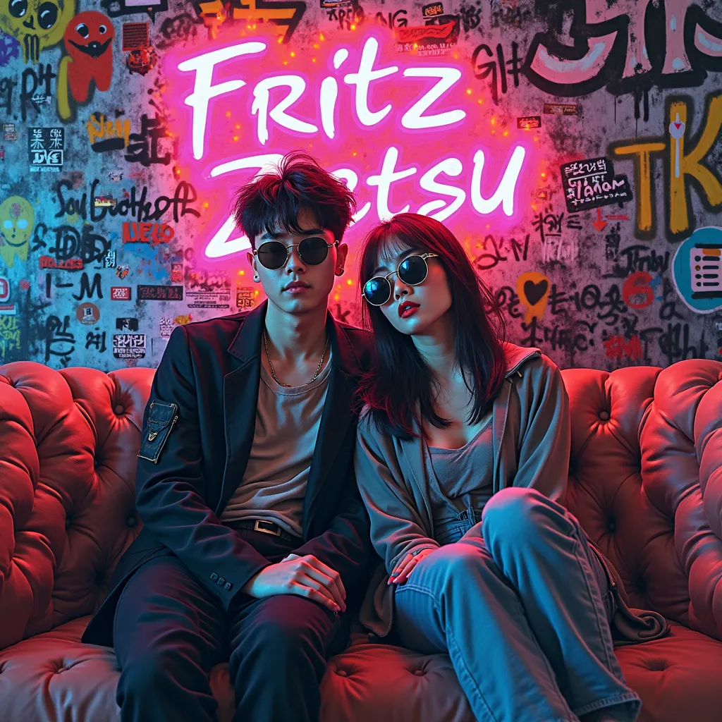 HD, (Best Detail) (Best Quality), korean couple in sunglasses sitting in chair on sofa, (((Graffiti art))), (((Trigger studio style, graffiti art, rock punk, neon colors))), Carne Griffiths name FRITZ and ZETSU written on background in neon