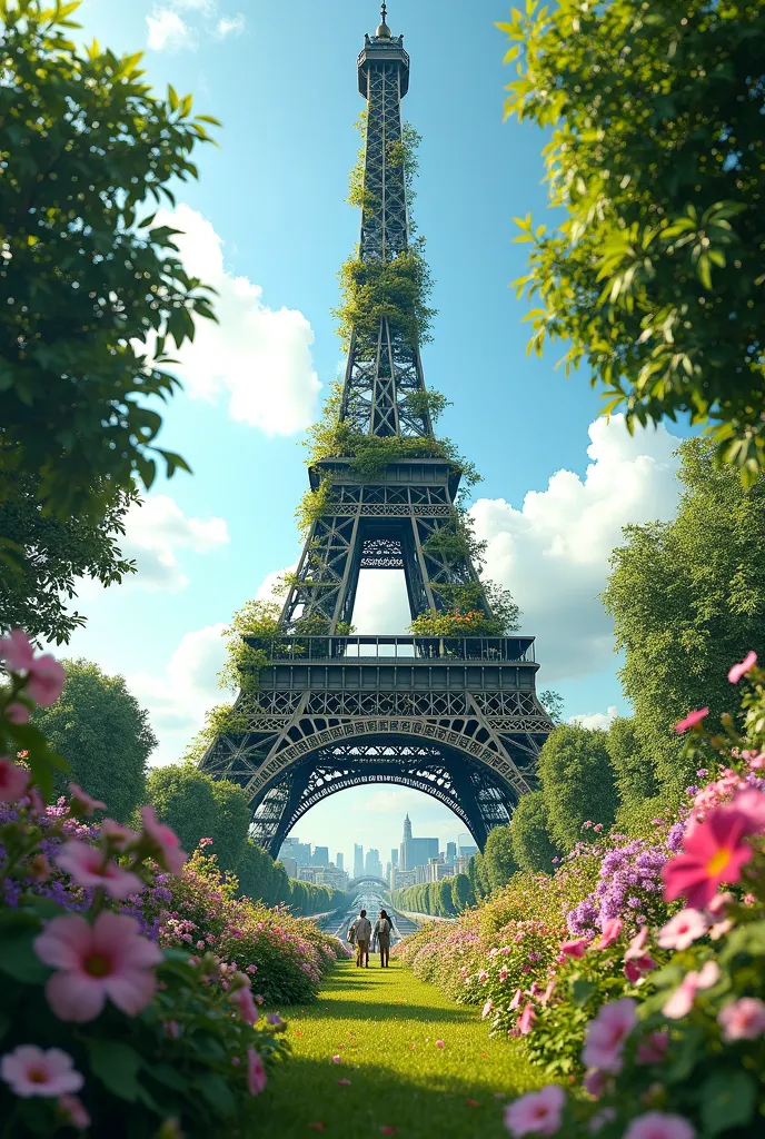 The surface is covered with flowers and plants,The Eiffel Tower is full of green plants and flowers,