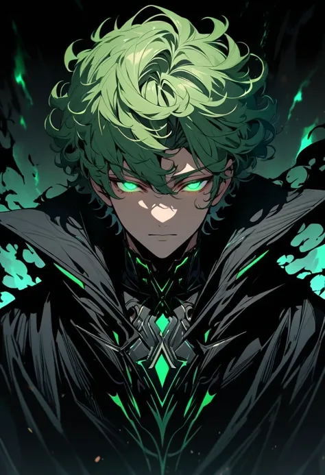 male, solo, handsome, green hair, green eyes, curly hair, very short hair, short hair, beautiful color, high detail, half eyes, glowing eyes, black coat, front view, black aura, adult