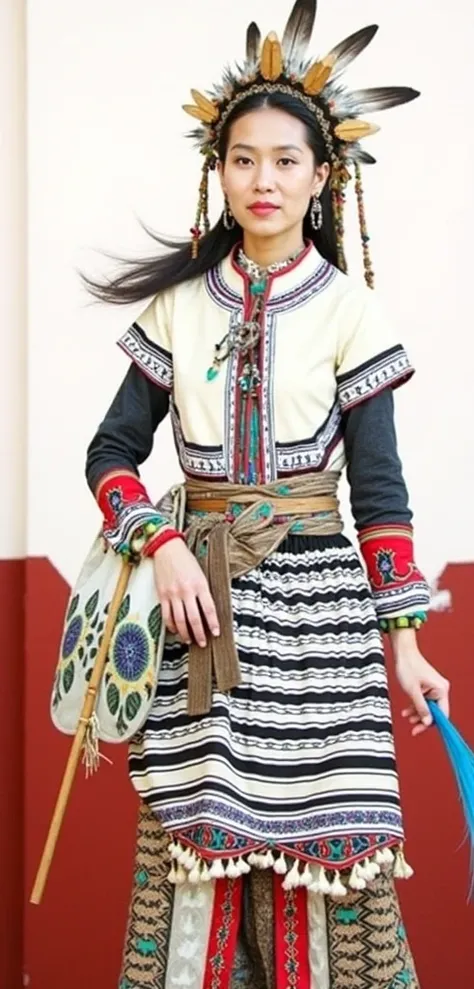 tribal shaman woman, traditional indigenous dress, intricate embroidery, ceremonial robe, long flowing sleeves, layered kimono, ornate headdress, natural materials, spiritual healer, ancient wisdom, sacred symbols, wooden accessories, beaded jewelry, woven...