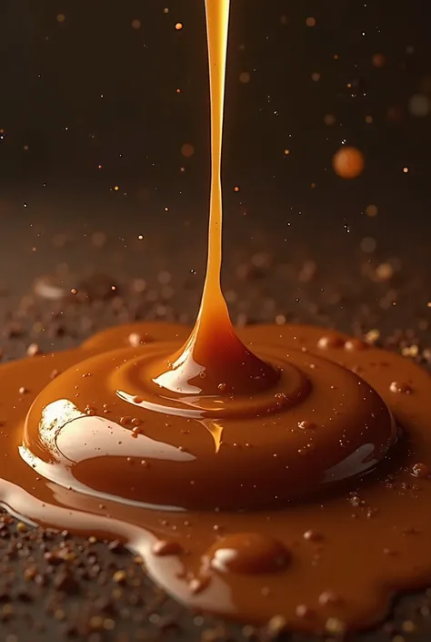 A picture of the word Toffee in the form of caramel sauce in dark brown and golden colors