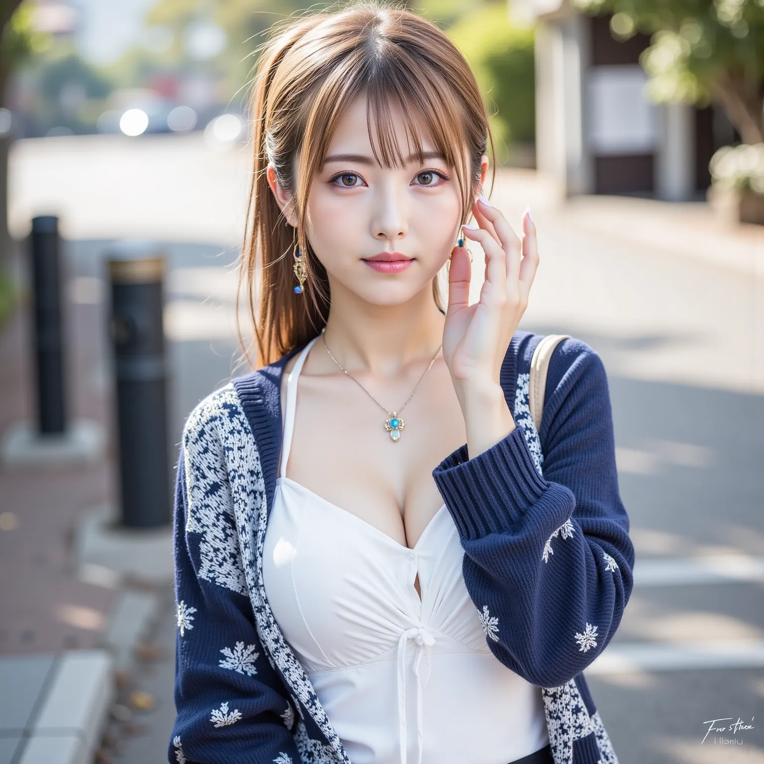 ((8K wallpaper)),((blond hair)),((short ponytail)),((big breasts,Big Breasts)),(( beautiful Japanese girl)),((Intelligent Glasses)),((street corner background )),((colorful manicure for nails)),((earrings, necklaces)), ribbons, ((White blouse and navy spon...