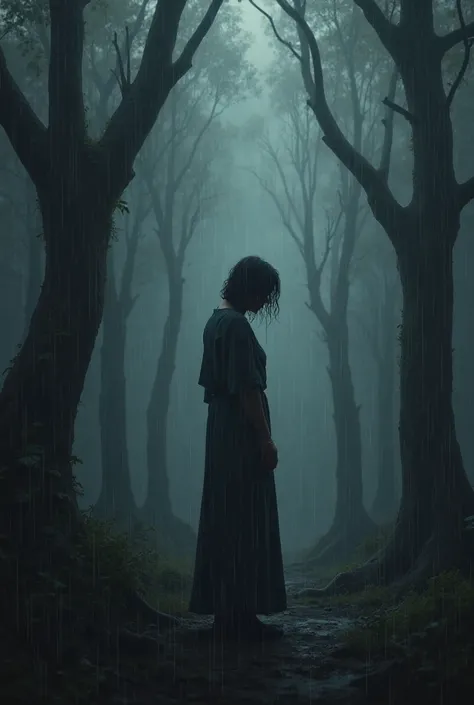 Create an image of a person crying on a rainy night in a very dark forest for an album cover 