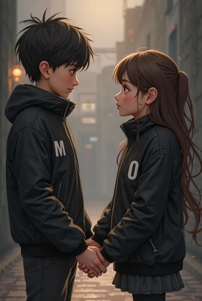 Boy in a black jacket with the initial M and girl in a black jacket with the initial O holding hands 