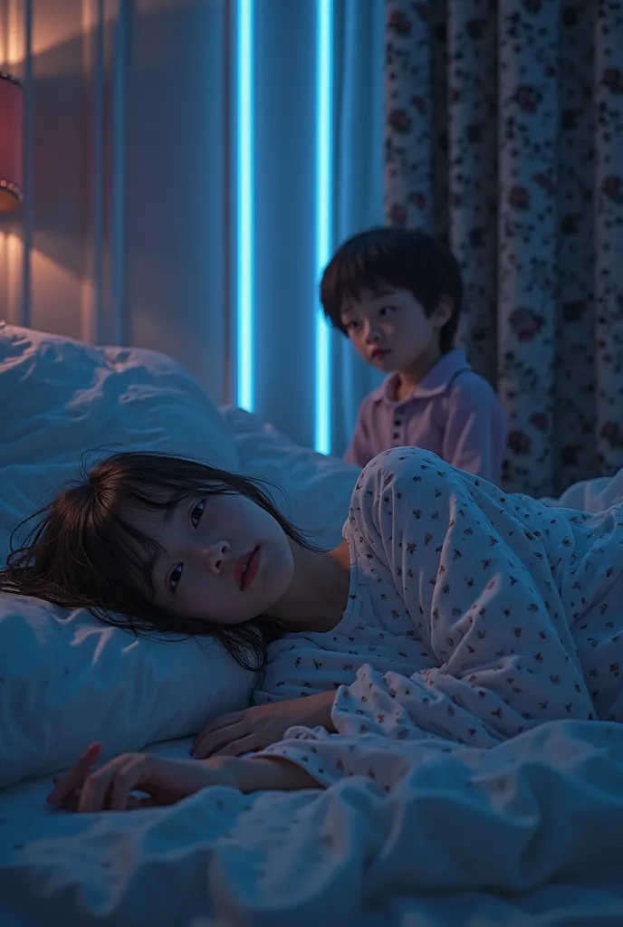 Aver put a woman lying on her back in bed  . 
 And a boy in pajamas sitting in the corner of the bed watching Asia the girl but in front of the camera . with neon lights