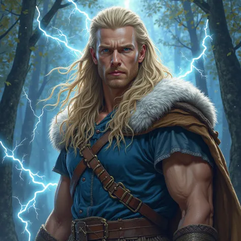 Painting of a young man with long blond hair and blue eyes and muscular, god of thunder, full of lightning around, wearing Viking clothes, background image of the forest of Asgard, edited in adobe premiere, 8k