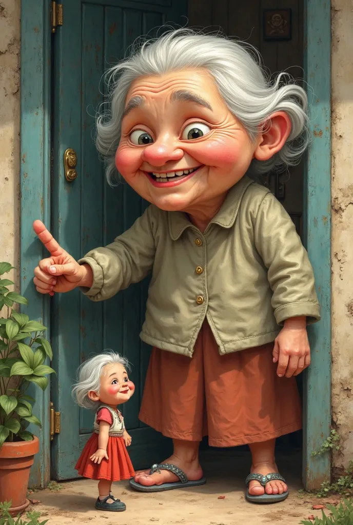 Grandma's head holding out her hand with only one finger Grandma wants to say hello head bigger than her body Grandma is on the doorstep