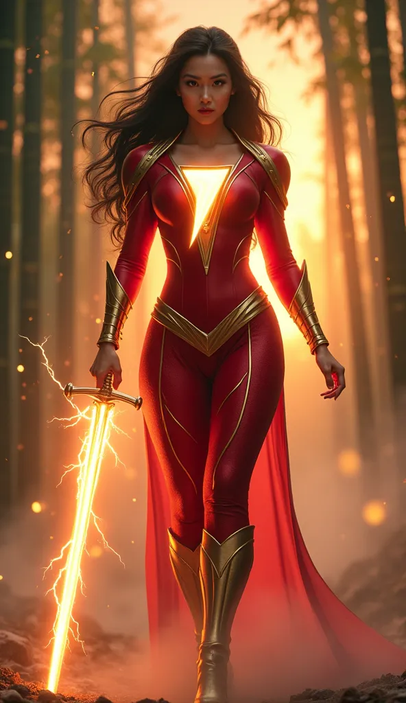 a new, sexy, full-bodied female being from the fusion of Shazam and Mulan, in the same lush, mystical bamboo forest at sunset. She combines the elegance of Mulan with the electrifying power of Shazam, showing off her full breasts and shapely legs in form-f...