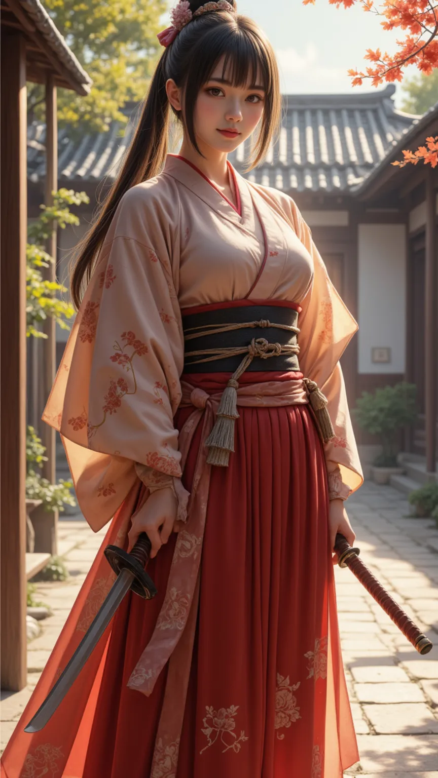 A high-quality girl,Japanese female samurai,Handheld sharp pipe, Sharp Eyes ,dressed in traditional kimono,standing in a Japanese courtyard, Sunshine Falls ,Gentle atmosphere,Highly Realistic,4K,Exquisite detail, Professional painting , Natural Tone ,Like ...