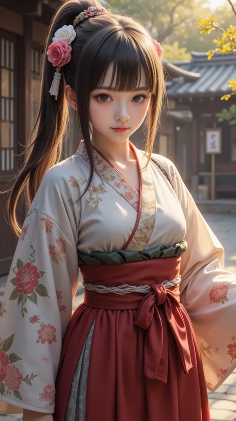 A high-quality girl,Japanese female samurai,Handheld sharp pipe, Sharp Eyes ,dressed in traditional kimono,standing in a Japanese courtyard, Sunshine Falls ,Gentle atmosphere,Highly Realistic,4K,Exquisite detail, Professional painting , Natural Tone ,Like ...