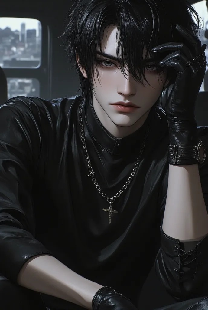 Final fantasy style and real graphics , (( Japanese young sweet and cool ikemen boy )), he is about 20 years old , thin eyebrows and small eyes , ((he should see everything without clothes )), (( tight black leather pants )), (( put black leather thick and...