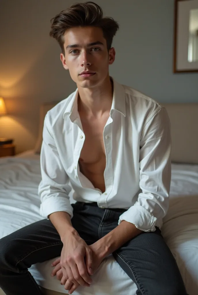  A young boy in his 20s with a nice look 
Cold and seductive. Clean dark brown haircut olive eyes. He is dressed in an unbuttoned white dress shirt and black dress jeans. In a juvenile room environment .  Sitting on the edge of the bed Toned body 