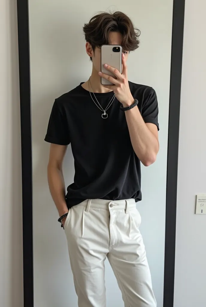 A young man with a slim build stands in front of a tall black-framed mirror, taking a selfie with his phone partially covering his face. He wears a fitted black T-shirt, loose white pants, a thin silver necklace, and a black bracelet. His hairstyle is shor...