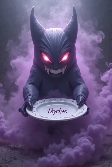 Gengar with white eye, holding a white plate with the text "Psyches" and showing her to the spectator , With purple smoke around