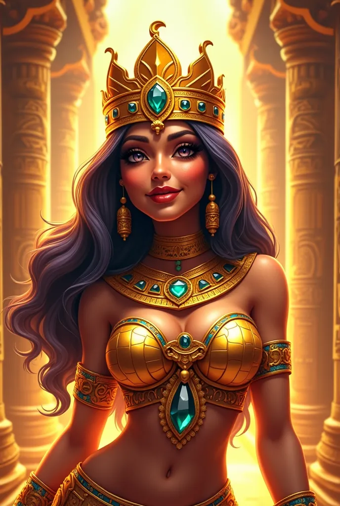 Queen of egypt slot game character photo with golden color. Cartoon slot phone show.
