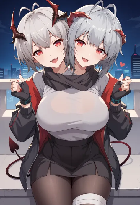 conjoined, 2girls, 2heads, two heads, a tall thin girls with 2 heads, conjoined, w_\(arknights\), red eyes, short hair, grey hair, demon horns, antenna hair, black scarf, black jacket, grey shirt, miniskirt, fingerless gloves, black pantyhose, bandaged leg...