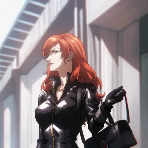 blackwidowanime, 1 girl, bodysuit,  redhead, long hair, medium breasts, GLOVES , leather bag ,  make up , zipper , uniform, cowboy shooter