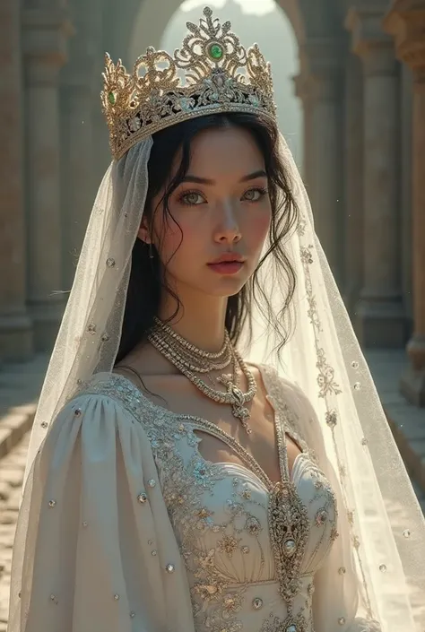 /imagine young queen priestess long black hair, well-defined green eyes, long eyelashes, pink face, full pink mouth, a black mole on the left side on the chin below the mouth, on the front part of the crown a white veil of white organza that covers her fac...