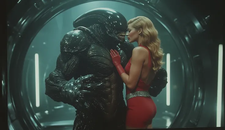 Close-up shoot: Xenomorph from the movie Alien. Xenomorph has a bodybuilder's torso. Broad shoulders. Xenomorph has Huge Muscles, Veins bulge, He is having sex lying on the floor with a stunning woman, She is wearing a tight, glossy, red, futuristic suit m...