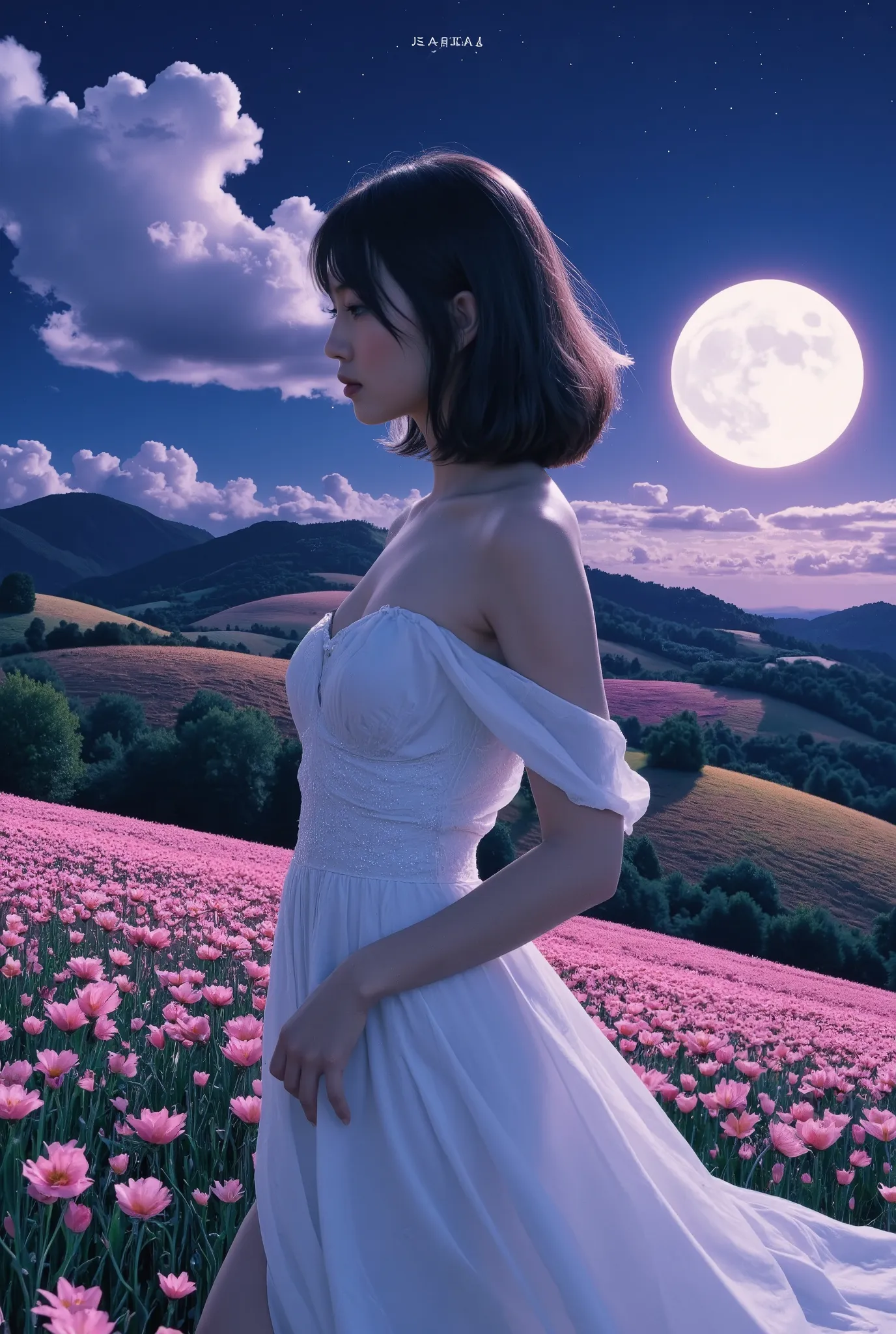 Create an image of a stunning 20-year-old Japanese girl with fair skin stands gracefully in a moonlit flower field. She has medium-length straight hair with parted bangs, and she wears a white summer dress. The background features a stunning patchwork of f...