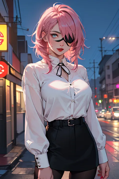 ((the best quality)), ((masterpiece)), (Detailed), 1 woman, (( with a white blouse)), ((neckline)), ((big breasts)), ((mini fold)), ((black tights)), ((pink hair)), ((Blue Eye Patch)), ((red lips)), ((looking at the camera)), ((front view)), ((vista de fre...