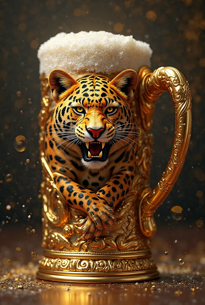 A golden mug with a jaguar thrown in the middle and a beer crown on top 
