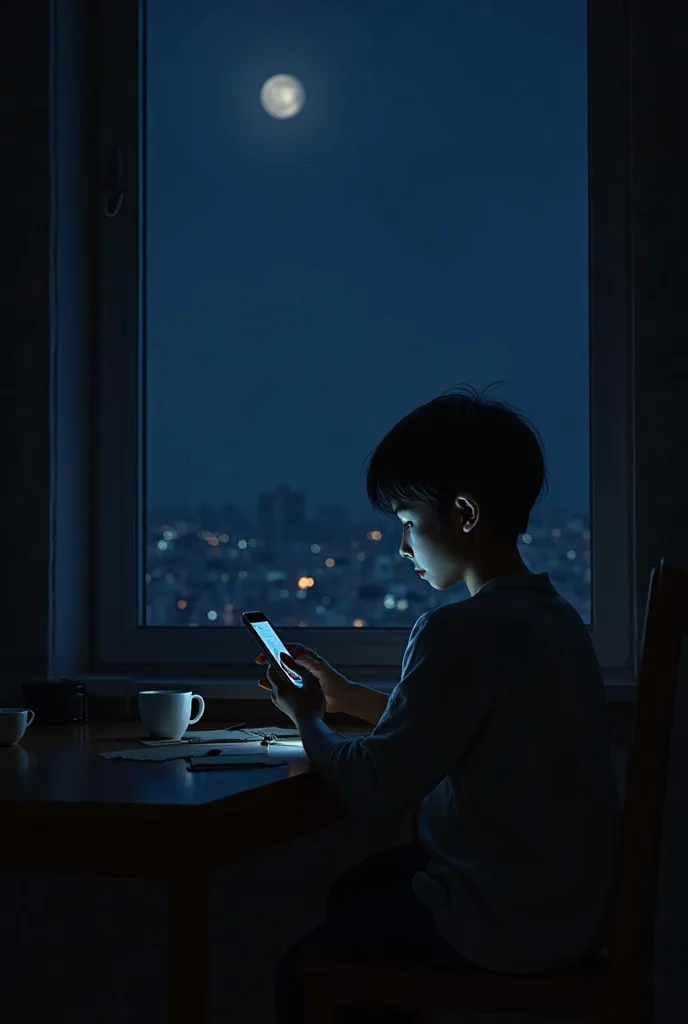 A young person sitting alone in a dimly lit room at midnight, illuminated by the soft glow of a phone screen. They are holding their phone, hesitating to send a message, their expression filled with longing and uncertainty. The window is slightly open, all...