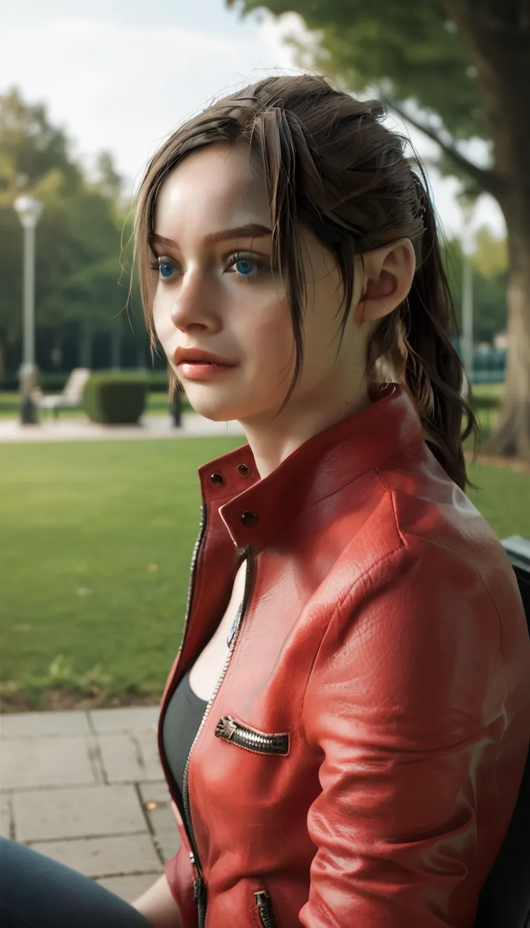 (perfect, precise, 16 K), Claire Redfield, 1 girl,  ponytail, brown hair, blue eyes, Medium Bust, pretty girl, White skin, smooth skin, Flawless skin on the face, sit,  park