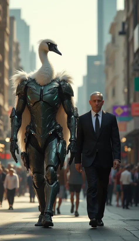 **Prompt 1:**  
"Benjamin Netanyahu walking confidently down a bustling city road in Israel, flanked by a towering, muscular humanoid swan dressed in a sleek, high-tech army suit. The swan's pristine white feathers contrast sharply with the dark green tact...