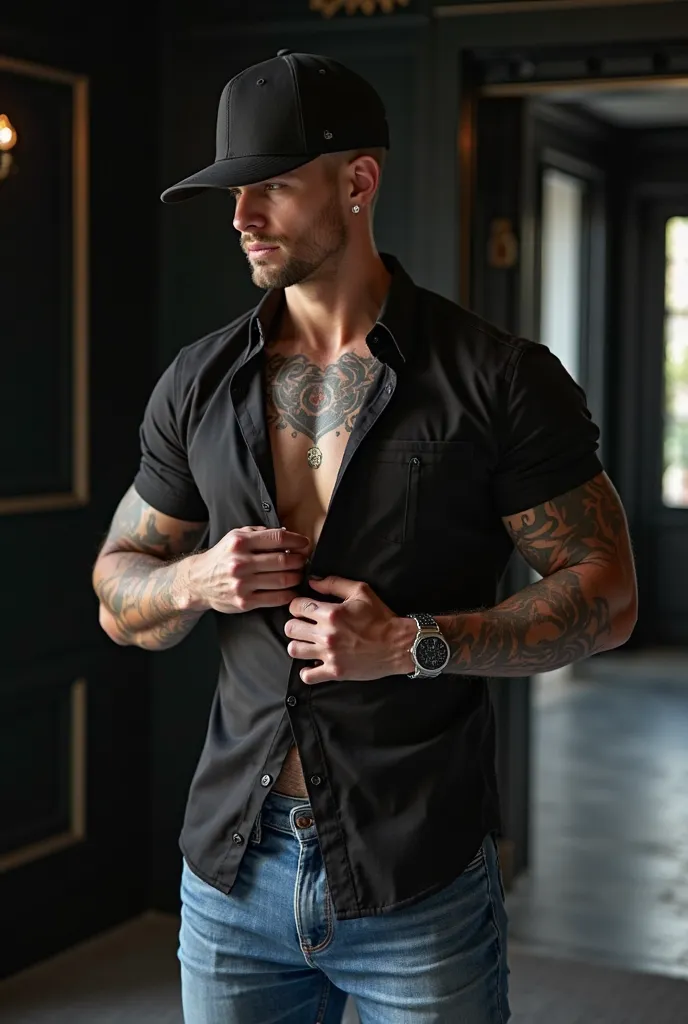 A muscular and handsome young man,  wears a short-sleeved black dress shirt with the buttons unbuttoned,  showing her body  . Wear blue Levi's pants .  He's pulling his new era cap down lower. he wears tattoos on her torso and arms . In a luxurious room wi...