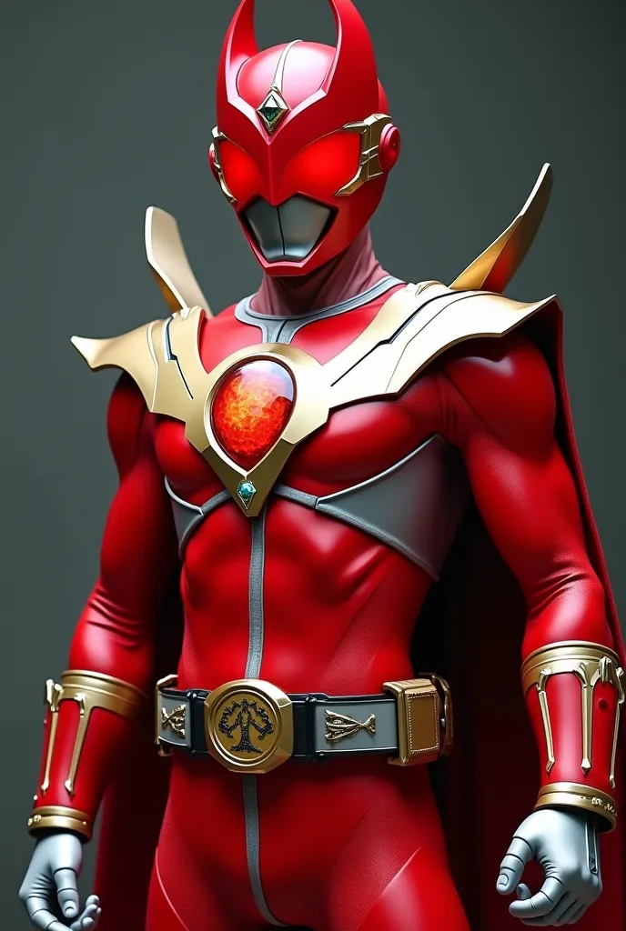 a red super sentai with a red visor in the shape of a bat, a jewel on his right chest with the same symbol, Bat wings on the shoulder pads, It has no cape and has a gray metal glove with a smartphone-shaped card scanner located on the wrist, a golden belt ...