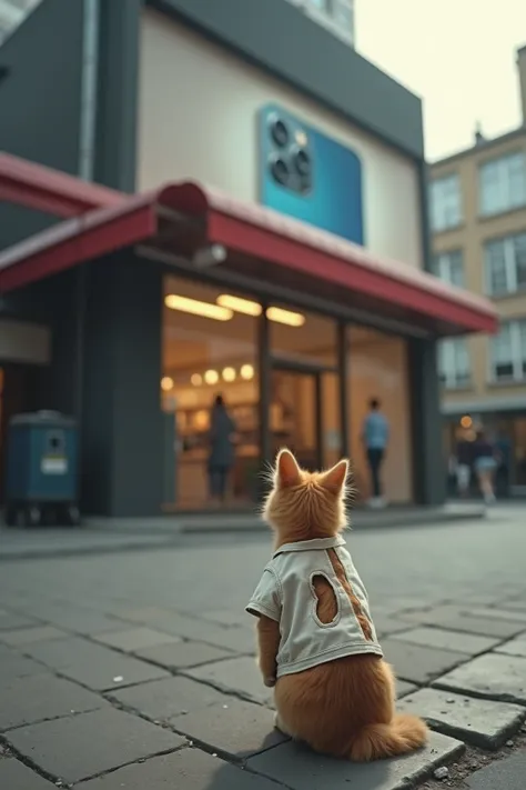 wide shot from across the street a of a high class super luxury cellphone store with a huge cellphone logo on the roof in a mid day lit street where a sad orange kitten (wearing a old dirty white shirt with openings in it) is looking at the store from the ...