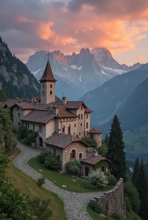 Scène photoréaliste montrant un petit village isolé au pied de montagnes escarpées, avec des maisons traditionnelles en pierre et toits de chaume, sous un ciel crépusculaire aux teintes chaudes, ambianz et légèrement inquiétante.