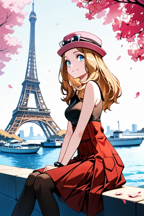 masterpiece, better quality, medium breasts, (curve) ,,,to break, ZZSerena , Alone, long hair, blue eyes, glasses in headwear, pink hat, eyelash, sleeveless shirt, black shirt, bracelet, high-waisted skirt, red skirt, black tights,zzEiffel Tower in th...