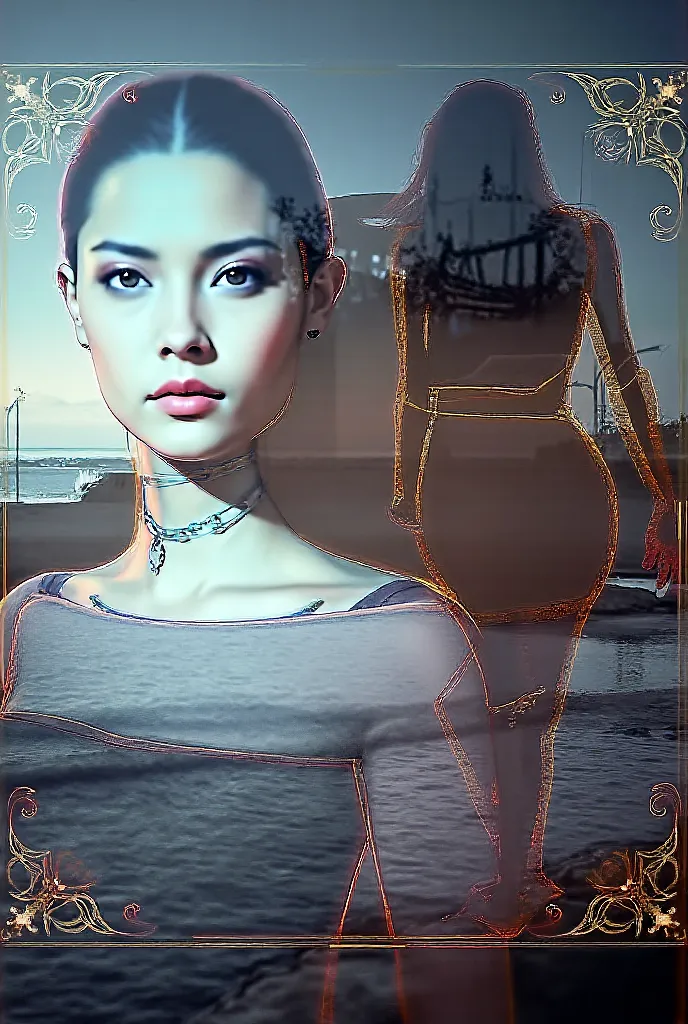 Alta calidad, 8K ultra HD, Una hermosa  double exposure que combina una silueta de diosa con la costa al atardecer, the coast at dusk should serve as a backdrop,  with its details incorporated in the goddess, sharp lines, The background is monochrome, shar...