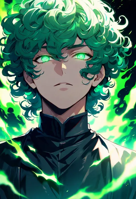 male, solo, handsome, green eyes, green hair, short hair, curly hair,  dark green aura, glowing eyes, beautiful eyes, dark backround