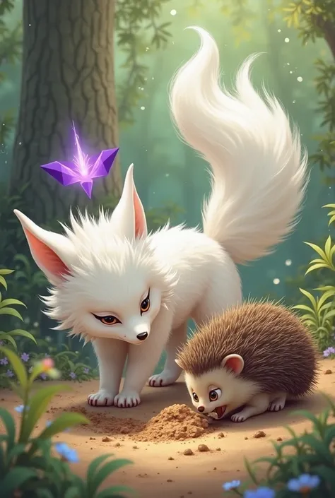 A white nine-tailed fox with a purple tail tip and a hedgehog are having a digging contest. 