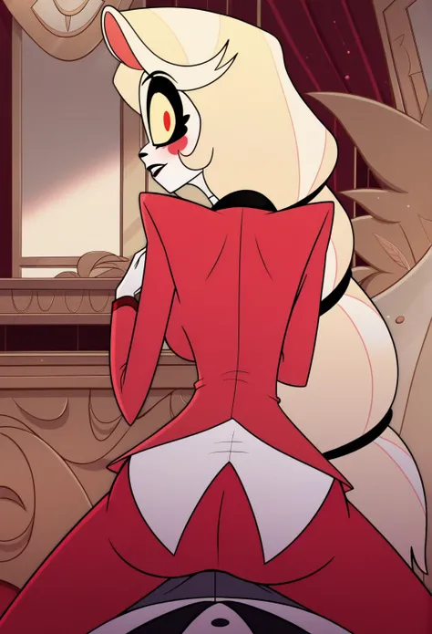  1 girl, Alone, , Hazbin Hotel,expand your legs, Doggystyle, blushing,back,focus butt, focus ass,butt lift,rear view, Big ass, looking at You , Charlie Morningstar, Red suit, red long pants, pov, 