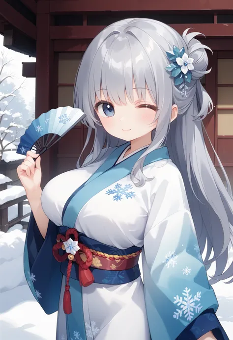 highest quality、white retro modern furnitures、 Snowflake decoration on kimono、long straight gray hair、 hair down、white flower and snowflake hair ornament、Sister、Soft and fluffy、Gentle、cute、Big Breasts、 popup、in the ruins、 Slim waist、holding a blue fan in t...