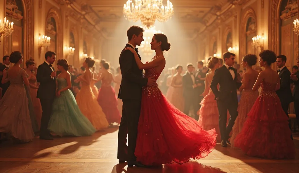 In a luxurious ballroom, a group of elegantly attired dancers captivates the scene. The focus is on a couple in the foreground, showcasing the man's dapper attire and the woman's resplendent gown flowing gracefully as they dance. Surrounding them, other da...