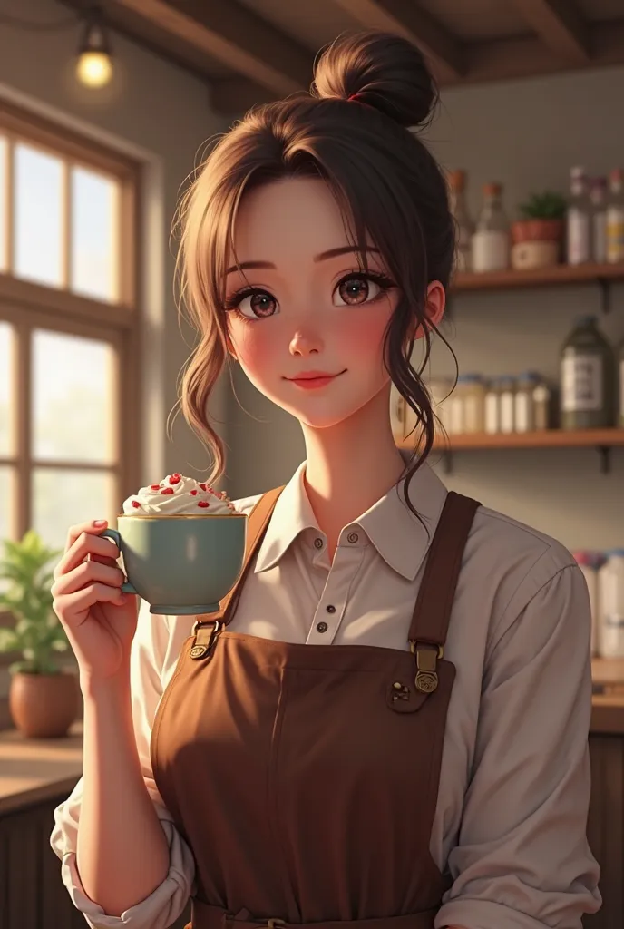  Masterpiece , Better quality, (Very detailed 8k unity CG wallpaper), (best illustration), ( is the best shadow), realistic lighting, beautiful detailed glow, ((21 years old)), Girl, barista,  cup of coffee in hand, Light smile, brown apron, (((The photogr...