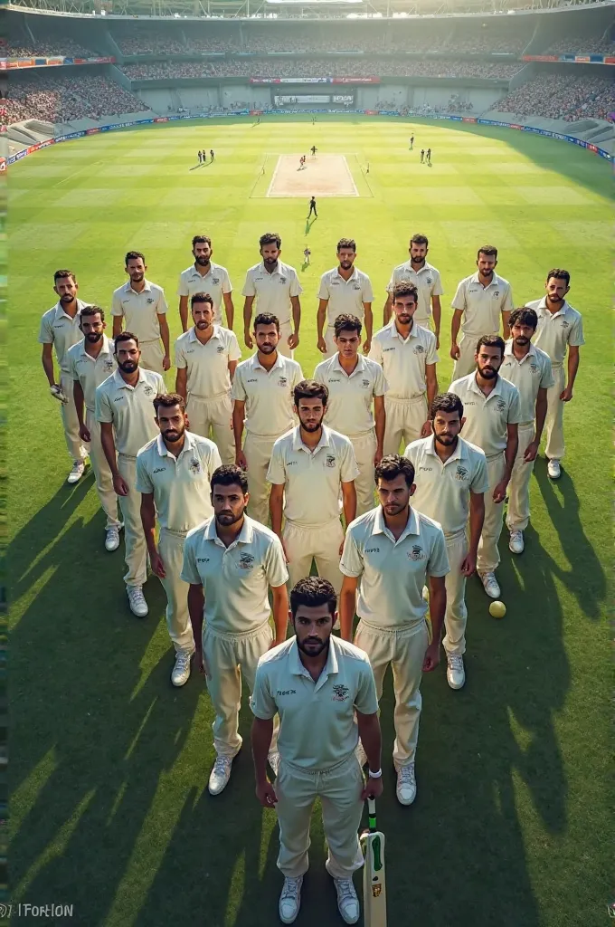 Generate an image of eleven cricketers standing in v shape 