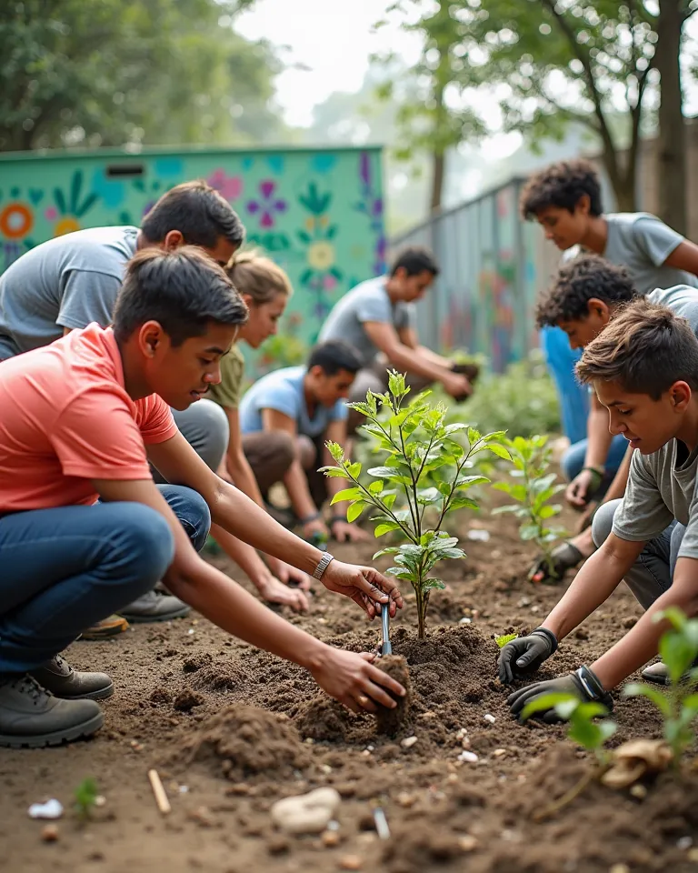 A group of people from different backgrounds planting trees, painting murals, and helping each other in a community project. The image is full of energy and positivity, with the tagline 'Happiness is Contagious – Pass It On