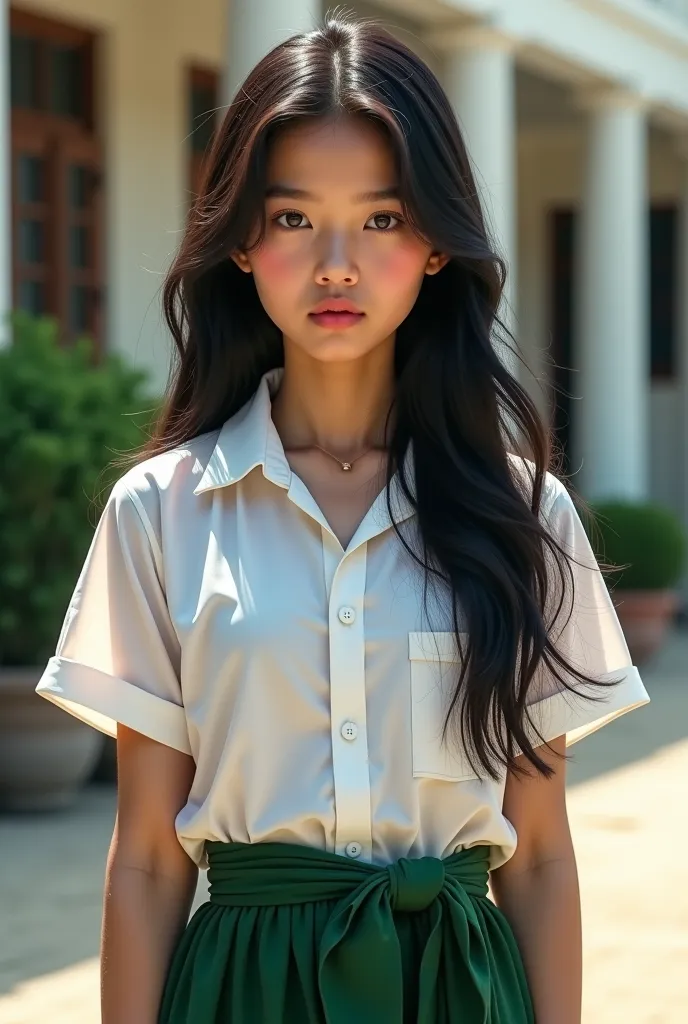 Beautiful Myanmar school girl
White Shirt and Green Longyi
Loose upper Shirt button and breast expose
fit body
Innocent face with long black hair
Background is a school building