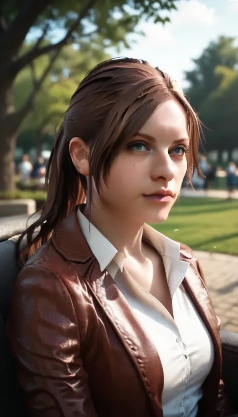 (perfect, precise, 16 K), Claire Redfield, 1 girl,  ponytail, brown hair, blue eyes, Medium Bust, pretty girl, White skin, smooth skin, Flawless skin on the face, sit,  park