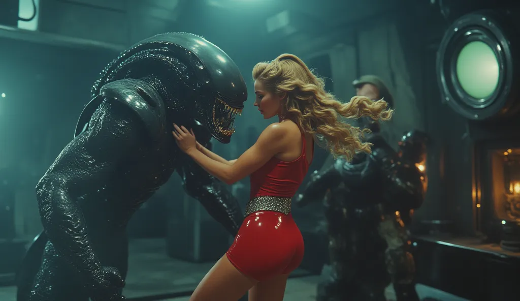 Close-up shoot: Xenomorph from the movie Alien. Xenomorph has a bodybuilder's torso. Broad shoulders. He is having sex with a stunning woman. She is wearing a tight, glossy, red, futuristic suit made of material that emphasizes her exaggerated hourglass fi...