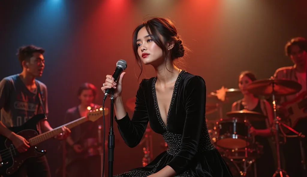 The image of a beautiful Thai woman, twentysomething, she sits singing in front of a microphone on a high desk stool, round seat, dominantly at the center of a stage among a musical band. She is holding a retro microphone, ready to deliver a heartfelt perf...