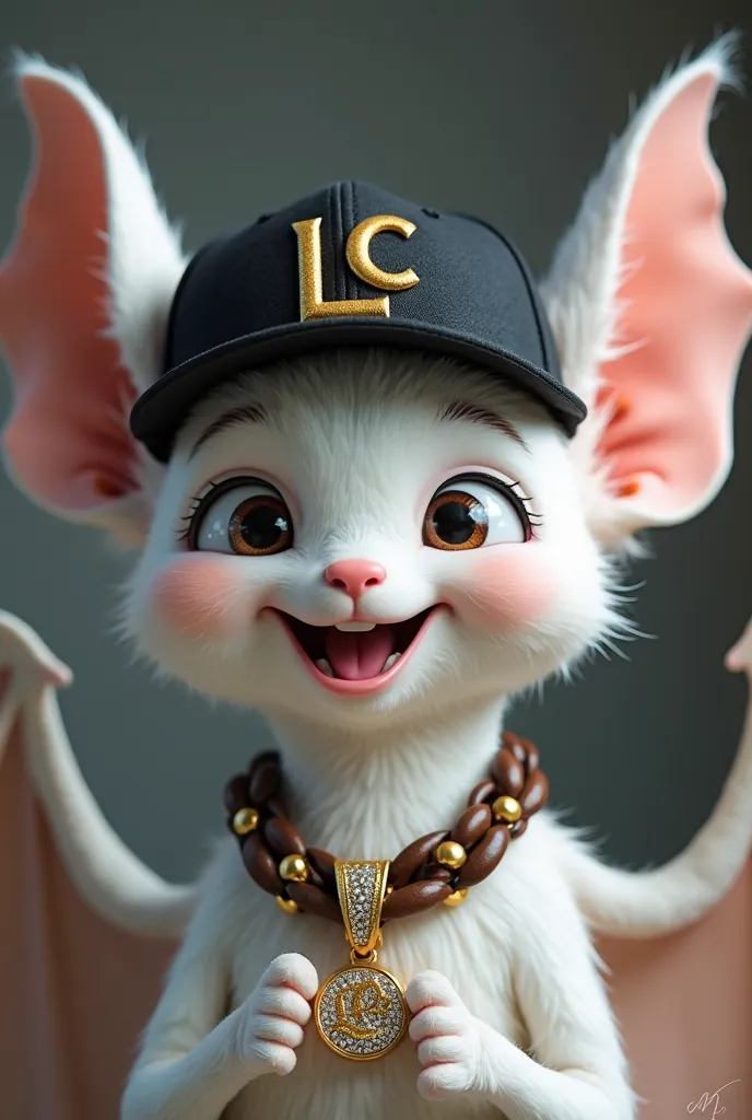  white bat , With black ears, white face,  white body ,  smiling, it has a black snapback cap with the initials LC in gold, has a leather necklace with gold metal tips, a pendant with the initials LC in shiny stones, His expression is happy and radiant, 