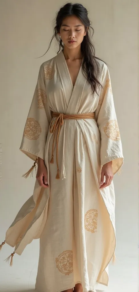 tribal healer woman, minimalist design, simple traditional dress, flowing yukata, wide sleeves, obi belt, nature-inspired patterns, earth tone colors, woven fabric, lightweight material, subtle embroidery, wooden accessories, natural dye, spiritual aura, p...